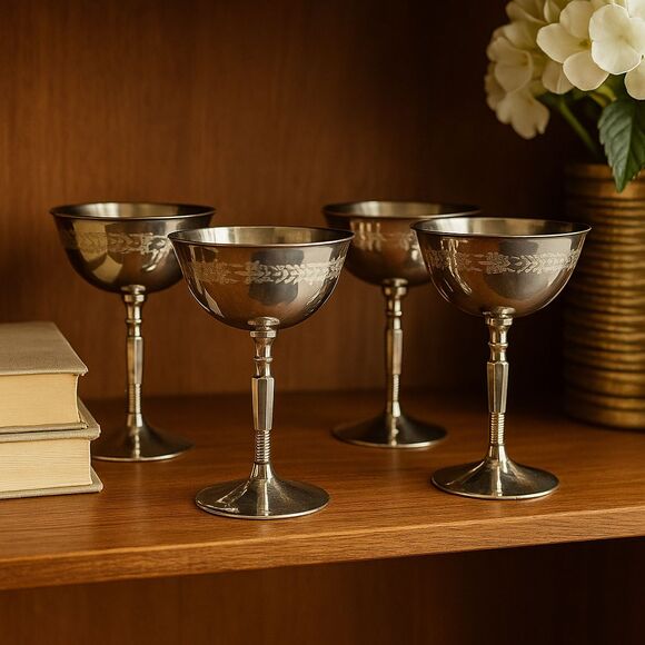 Set of 4 Vintage Etched Chrome Cocktail Glasses – Art Deco Barware - Picture 1 of 10